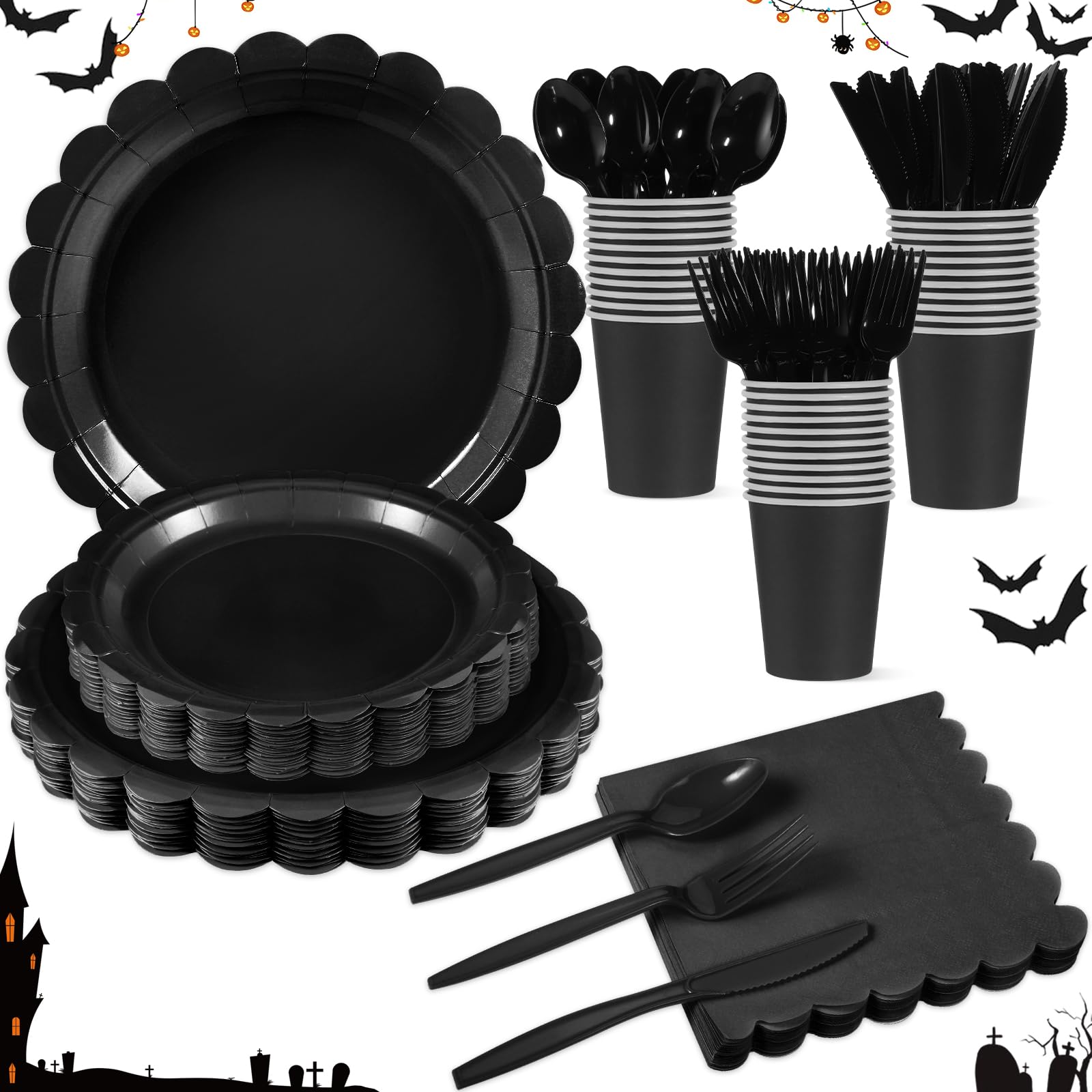 Xiangqu Paper Plates and Napkins,25/50 Guest Party Supplies Include Scalloped Plates Paper Napkins Cups Plastic Spoons Forks Knives for Baby Shower, Wedding, Birthday