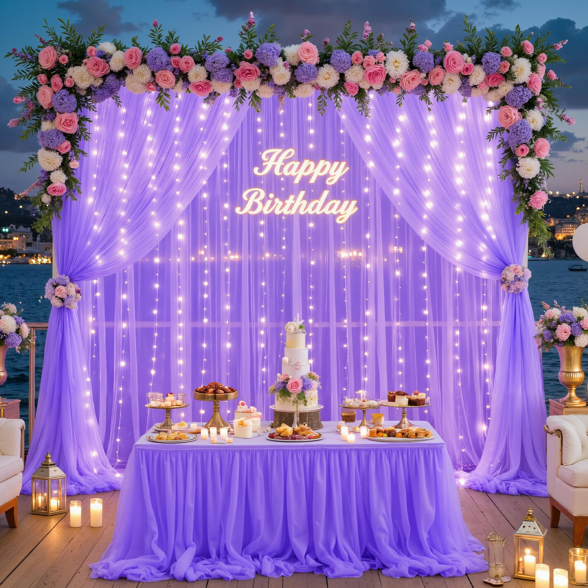 Sheer Tulle Backdrop Curtains with String Lights for Events
