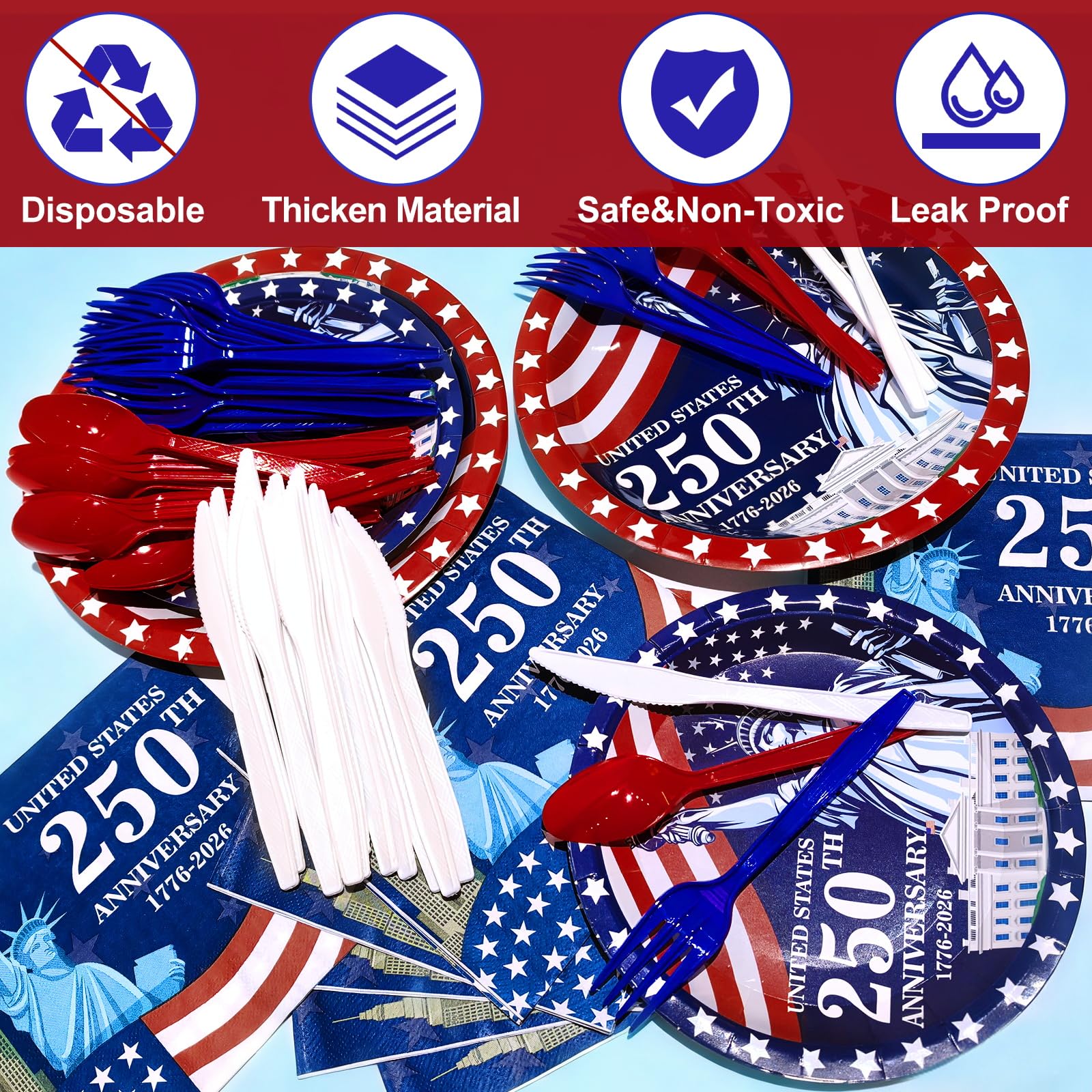 300-Piece 4th of July Patriotic Party Tableware Set