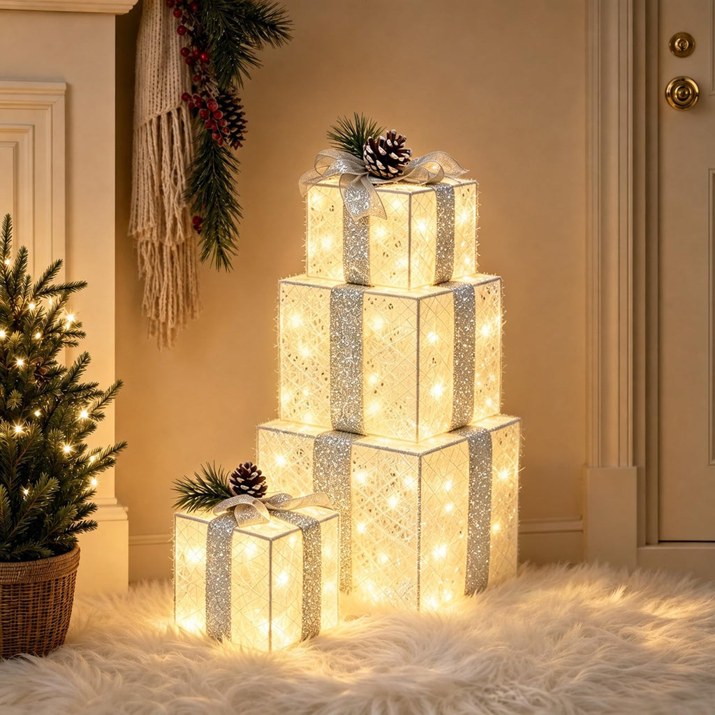 Lighted Christmas Gift Boxes with Gold Linen Holiday Decor