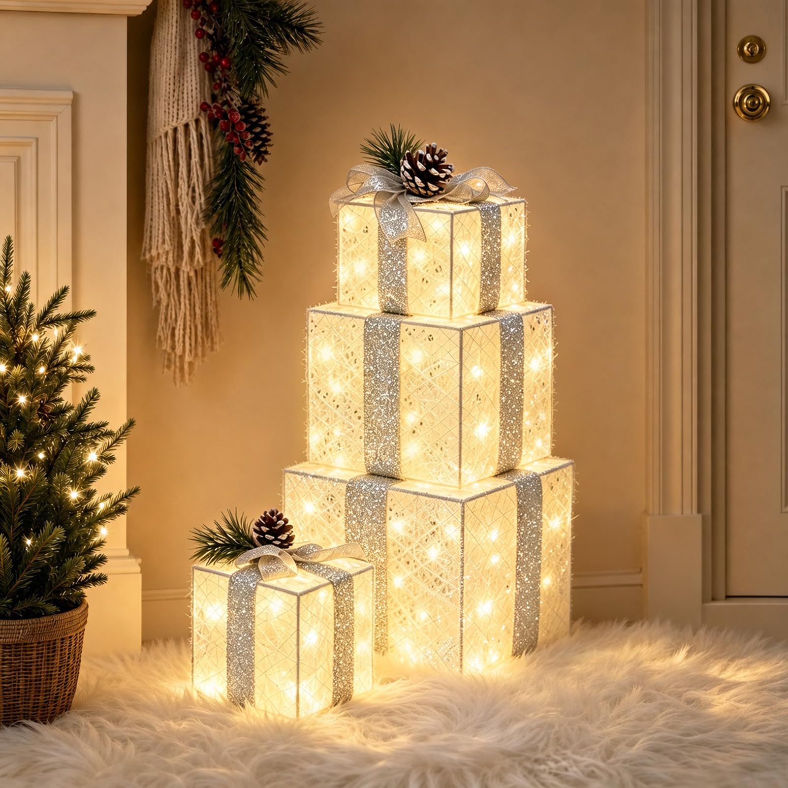 Lighted Christmas Gift Boxes with Gold Linen Holiday Decor