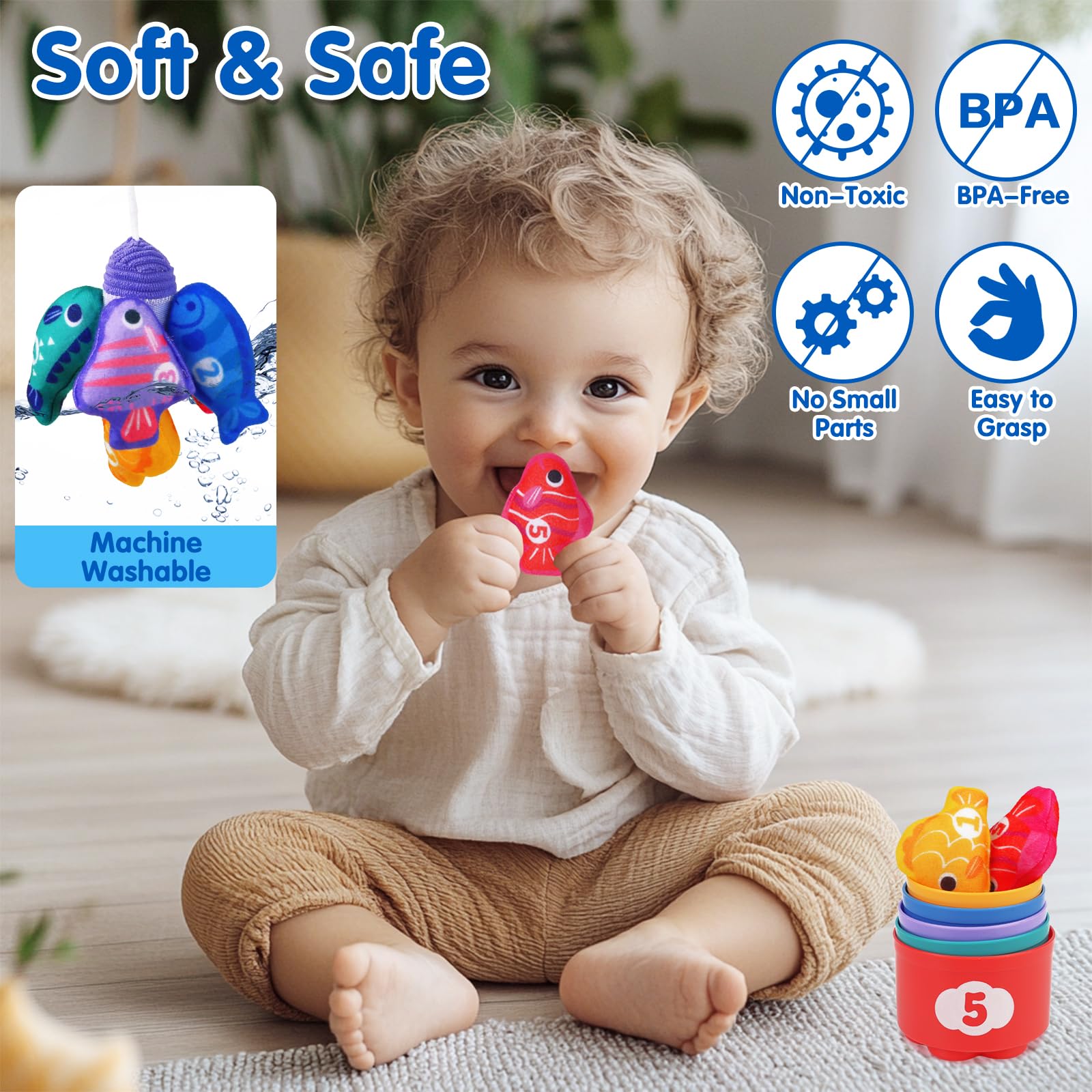 Arovan Montessori Toys for 1 Year Old - 10 in 1 Cloth Toddler Fishing Game with Stacking Cups, Baby Toy 12-18 Months One Year Old Boy Birthday Gift, Toddler Toys for 1 2 Year Old Boy Girl Gifts
