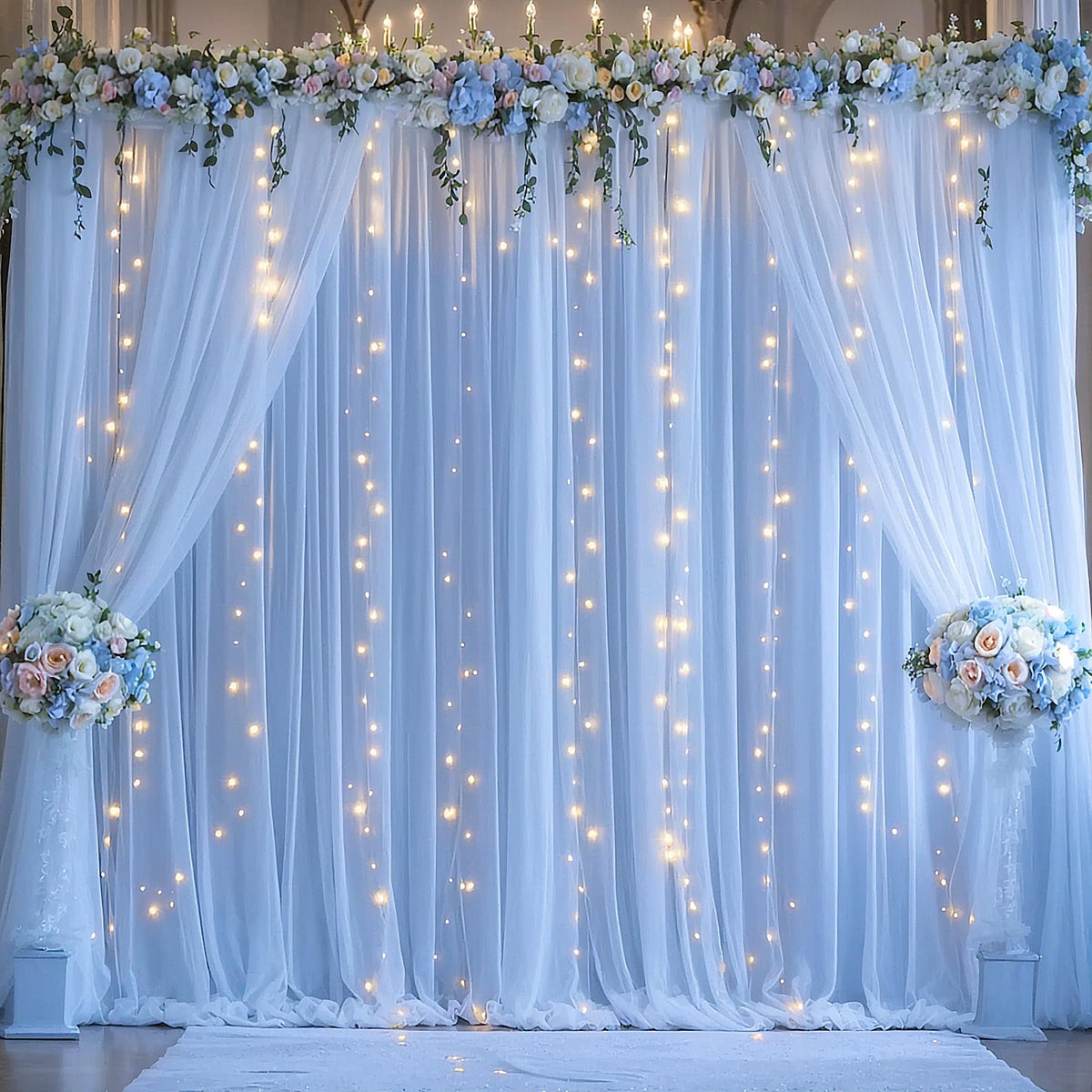 Sheer Tulle Backdrop Curtains with String Lights for Events