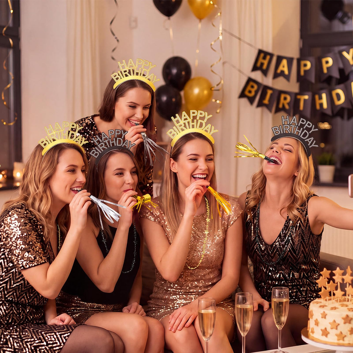 Poen 48 Pcs Black Gold Happy Birthday Party Supplies Kit Photo Booth Props