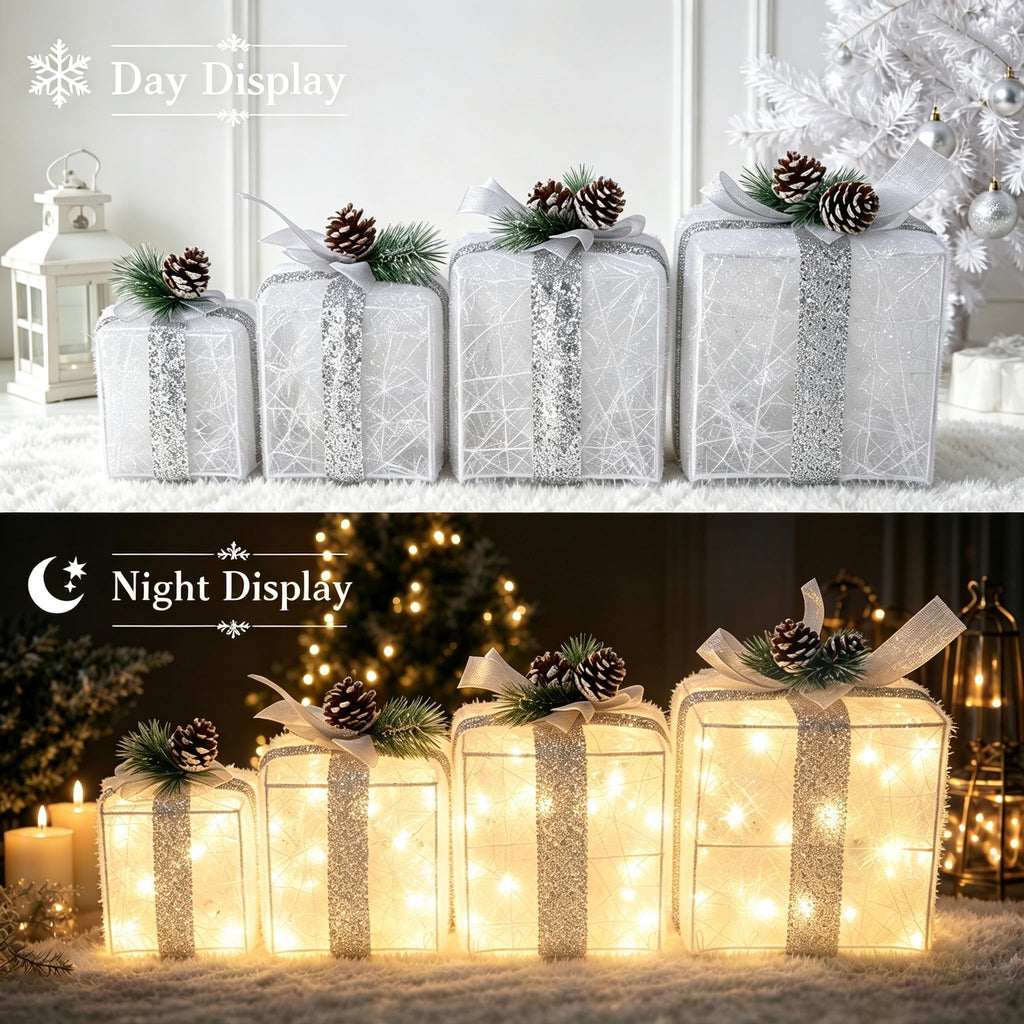 Lighted Christmas Gift Boxes with Gold Linen Holiday Decor
