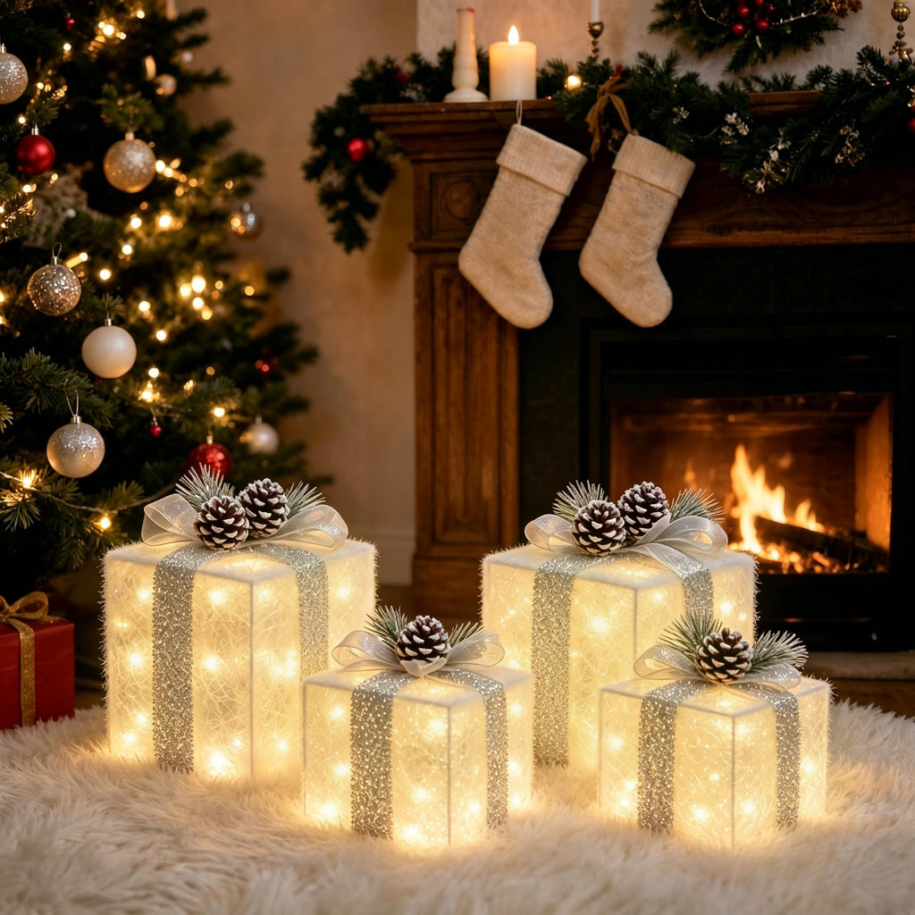 Lighted Christmas Gift Boxes with Gold Linen Holiday Decor