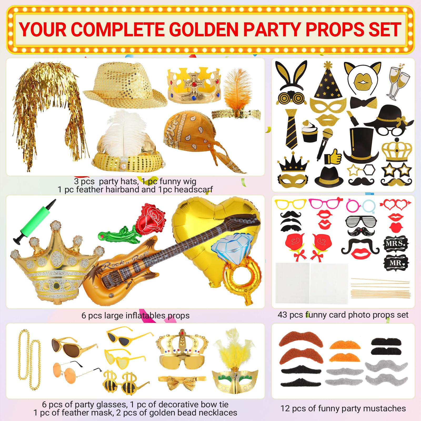 Premium Gold Photo Booth Props Set, Luxury Black & Gold Party Photo Booth Props Kit Accessories, Funny Hats and Glasses, Golden Wig, Inflatable for Graduation, Birthday, Wedding & Bachelorette