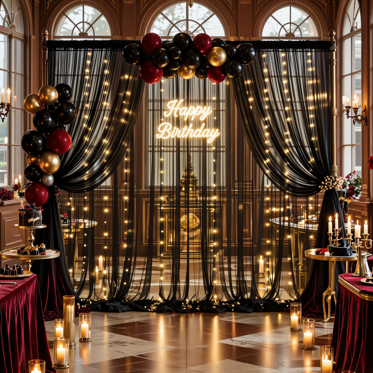 Sheer Tulle Backdrop Curtains with String Lights for Events