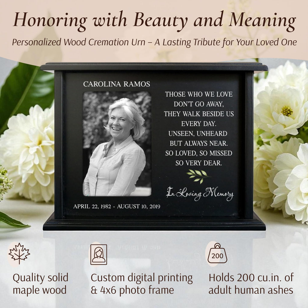 LifeSong Milestones Personalized Engraved Wooden Cremation Urn Box for Adult Human Ashes 4.5x9in Holds 4x6 Photo Picture Frame for Loss of Loved One Those who we love Holds 175cu.in Human Ashes