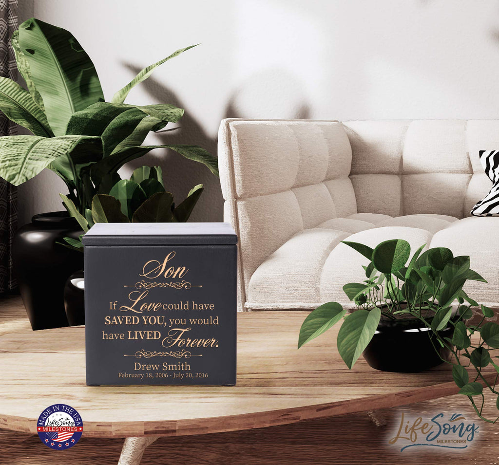 LifeSong Milestones Personalized Small Wooden Cremation Urn for Son’s Ashes | Handmade Funeral Urn Holds 49 cu in, 4.5x4.5x4.75 – “Son, If Love Could Have”