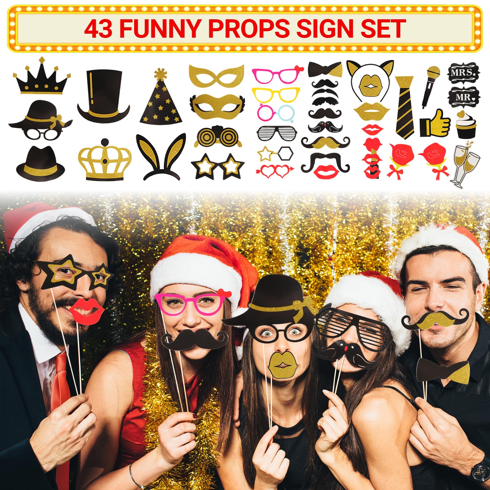 Premium Gold Photo Booth Props Set, Luxury Black & Gold Party Photo Booth Props Kit Accessories, Funny Hats and Glasses, Golden Wig, Inflatable for Graduation, Birthday, Wedding & Bachelorette