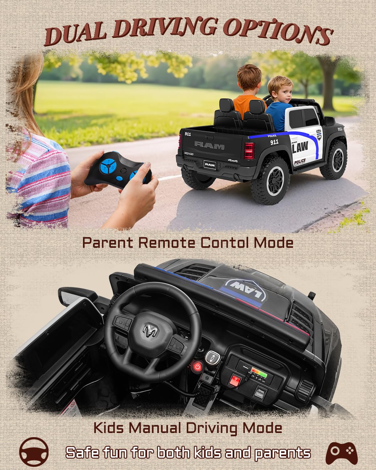Licensed Ram 1500 RHO 24V Kids Ride on Car, 2-Seater Firetruck and Police Ride on Car with Remote Control, Electric Car for Kids with Siren, Flashing Lights, Bed Storage 180W