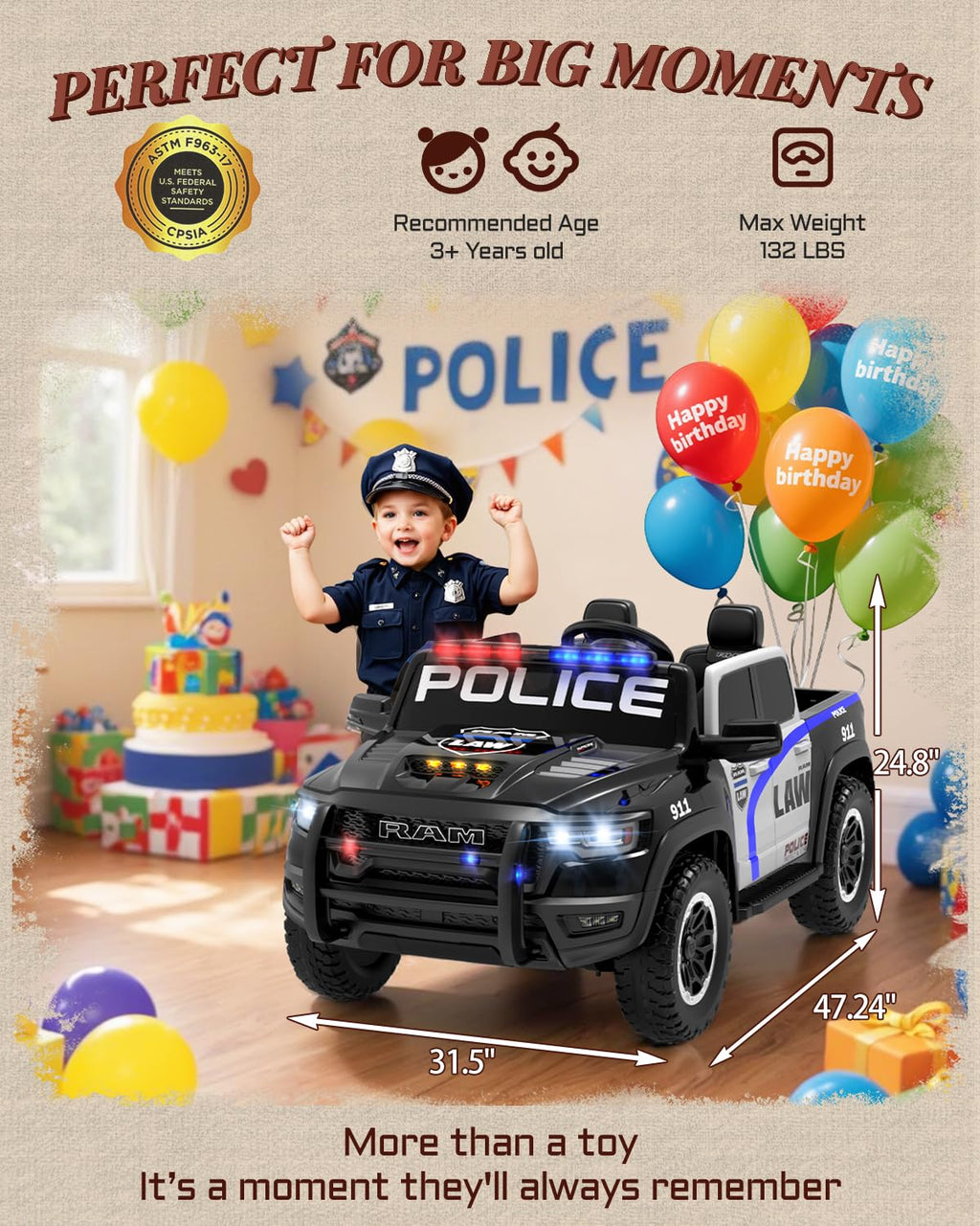 Licensed Ram 1500 RHO 24V Kids Ride on Car, 2-Seater Firetruck and Police Ride on Car with Remote Control, Electric Car for Kids with Siren, Flashing Lights, Bed Storage 180W