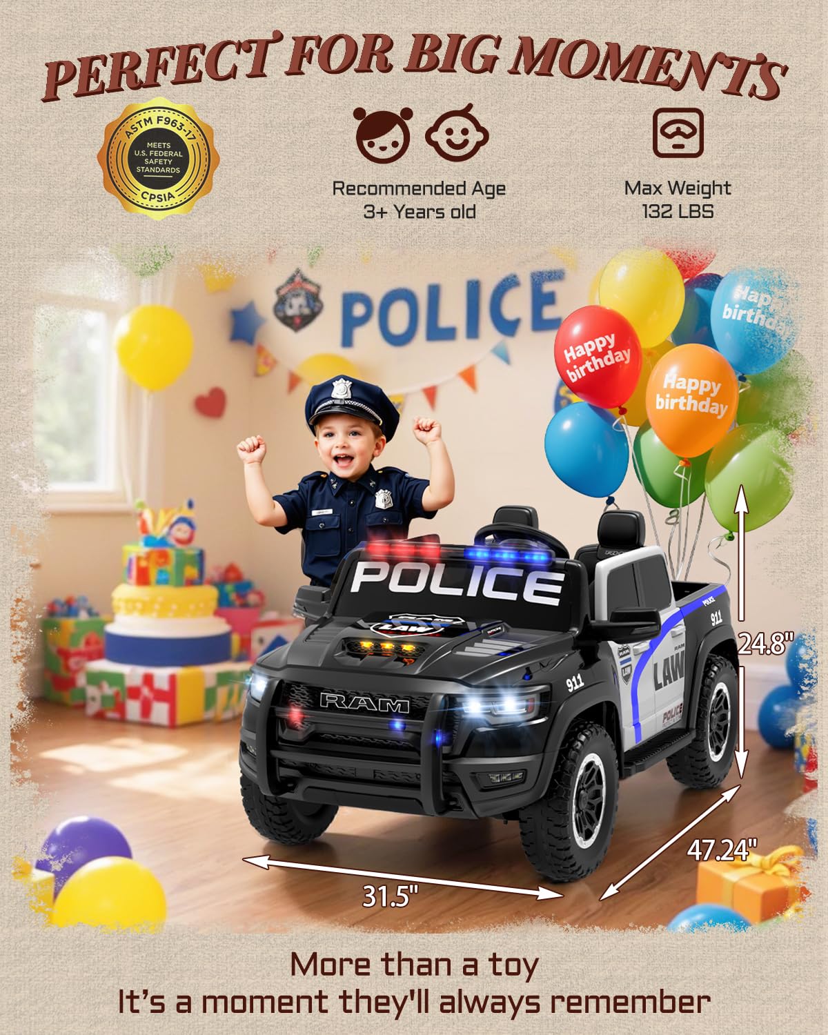 Licensed Ram 1500 RHO 24V Kids Ride on Car, 2-Seater Firetruck and Police Ride on Car with Remote Control, Electric Car for Kids with Siren, Flashing Lights, Bed Storage 180W