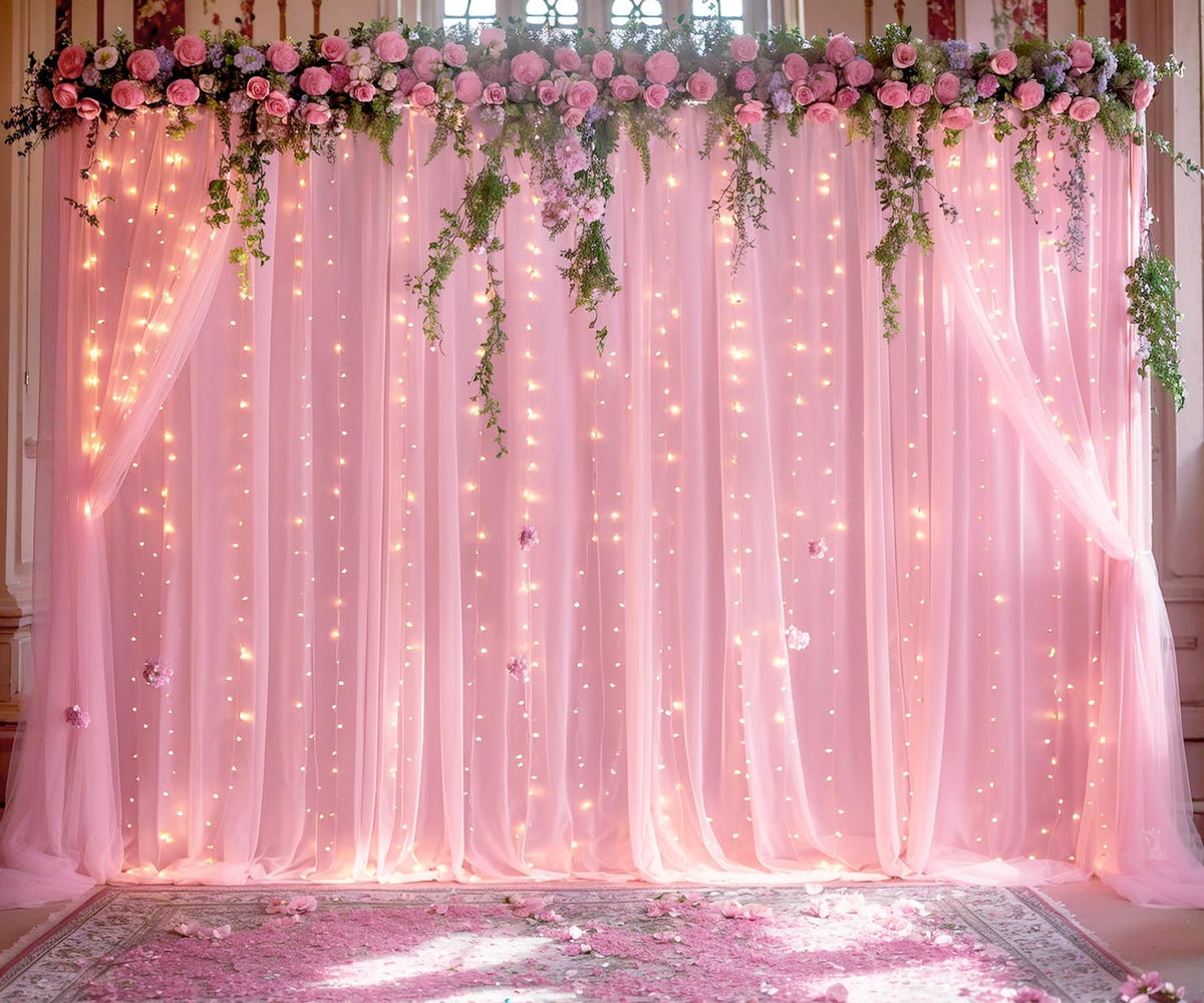 Sheer Tulle Backdrop Curtains with String Lights for Events