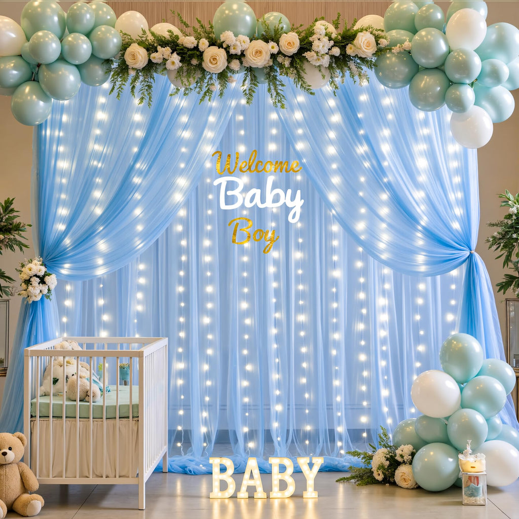 Sheer Tulle Backdrop Curtains with Lights String for Parites Wedding Chiffon Backdrop Curtain for Bridal Shower Baby Shower Birthday Party Photo Shoot Background Wall Decorations