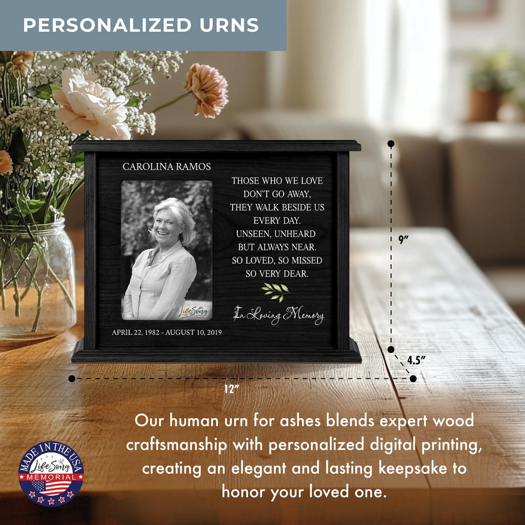 LifeSong Milestones Personalized Engraved Wooden Cremation Urn Box for Adult Human Ashes 4.5x9in Holds 4x6 Photo Picture Frame for Loss of Loved One Those who we love Holds 175cu.in Human Ashes