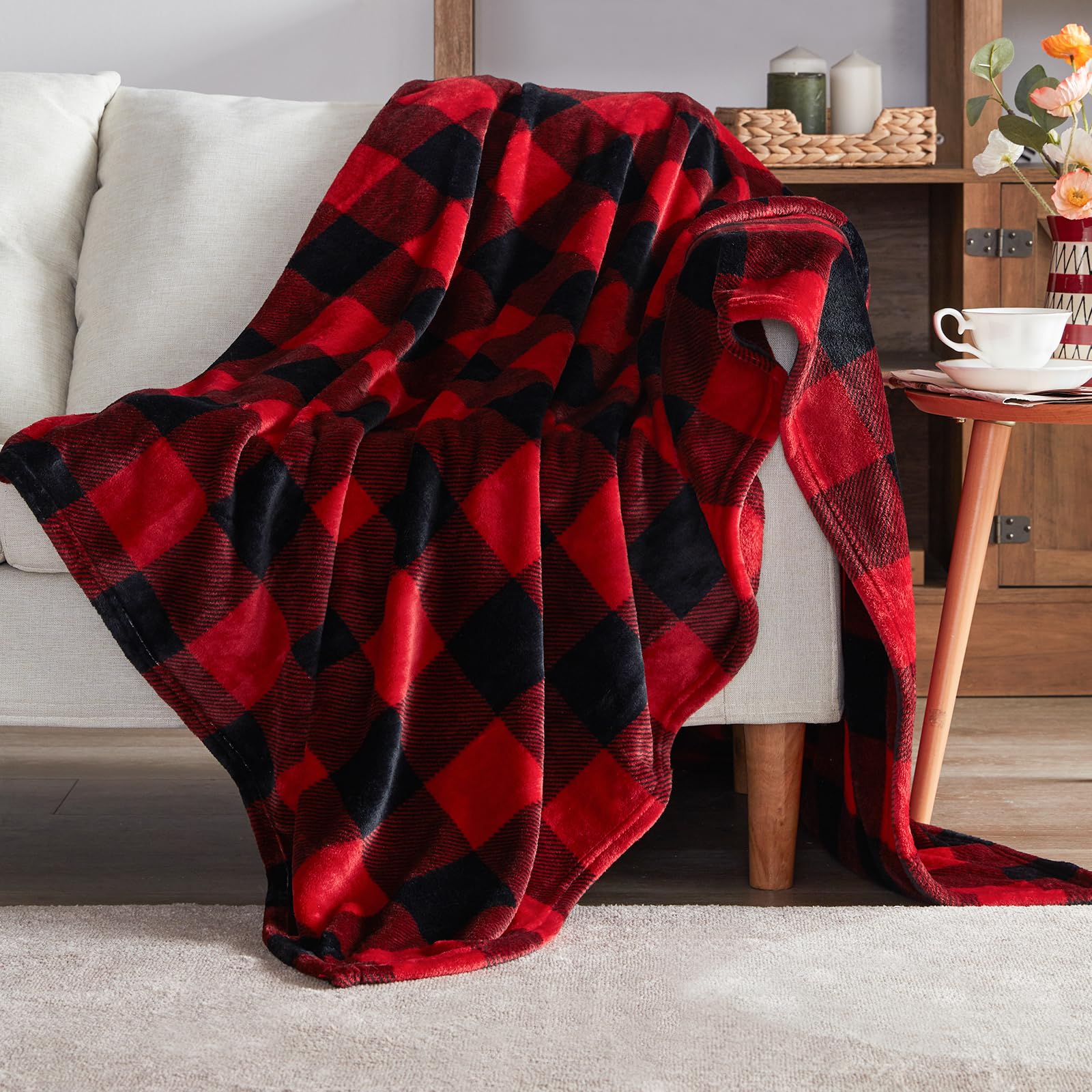 Buffalo Plaid Fleece Throw Blanket for Couch, Sofa & Bed