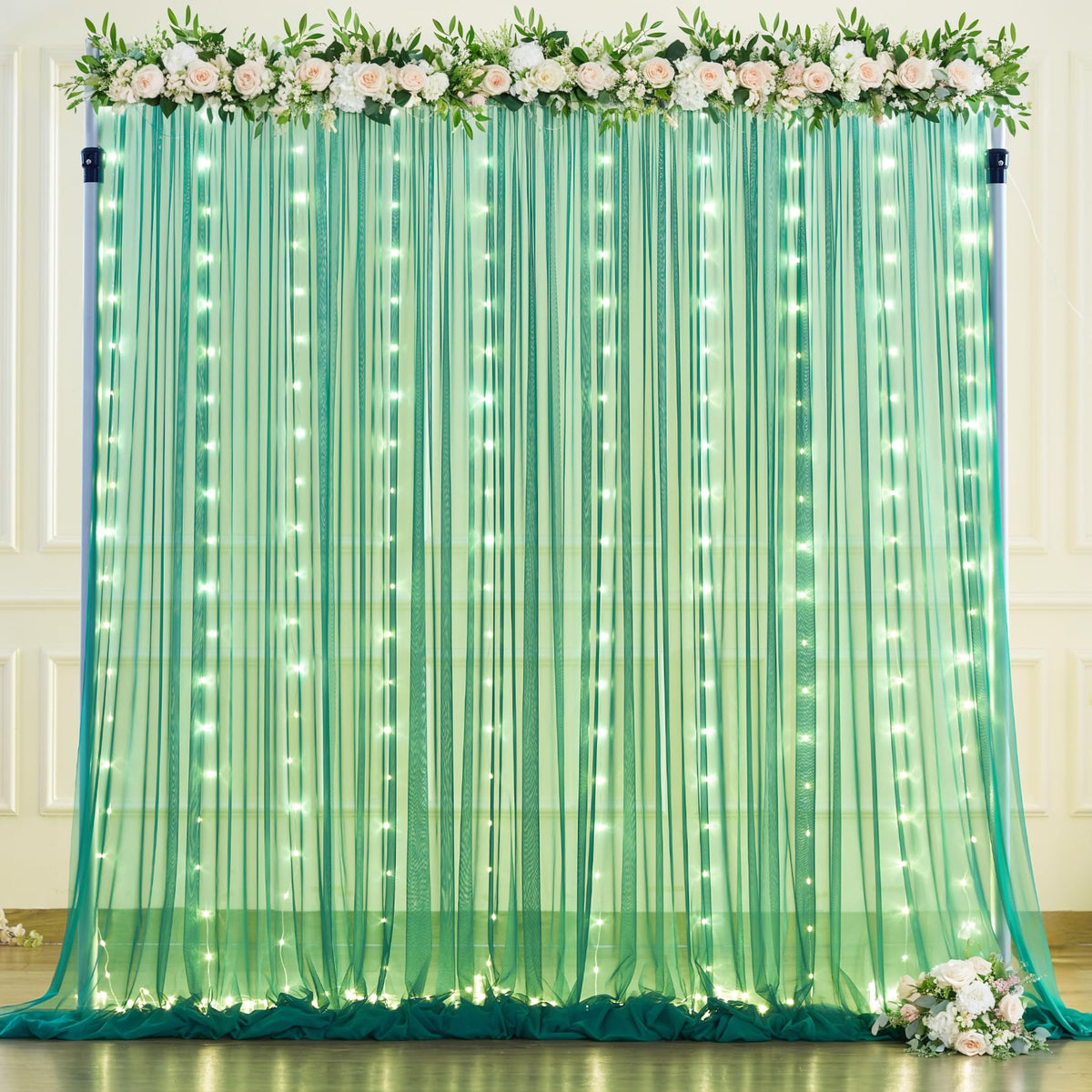 Sheer Tulle Backdrop Curtains with String Lights for Events