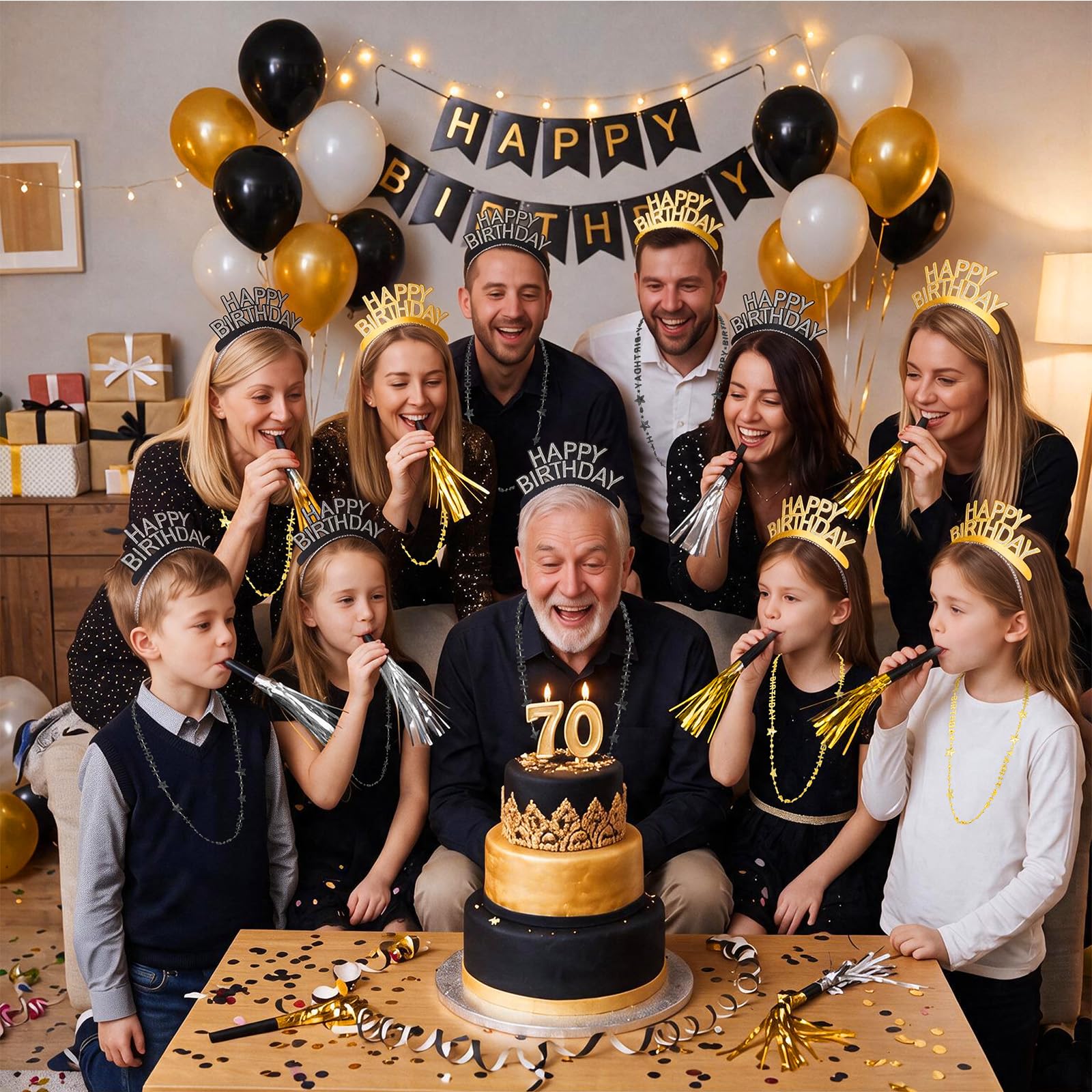 Poen 48 Pcs Black Gold Happy Birthday Party Supplies Kit Photo Booth Props