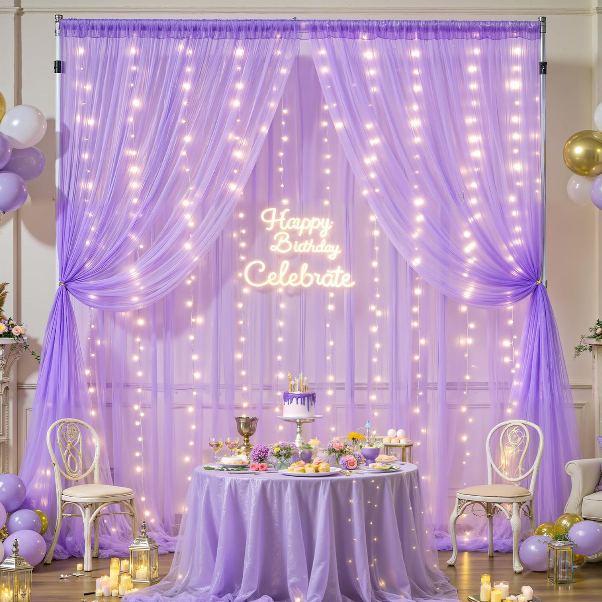 Sheer Tulle Backdrop Curtains with Lights String for Parites Wedding Chiffon Backdrop Curtain for Bridal Shower Baby Shower Birthday Party Photo Shoot Background Wall Decorations