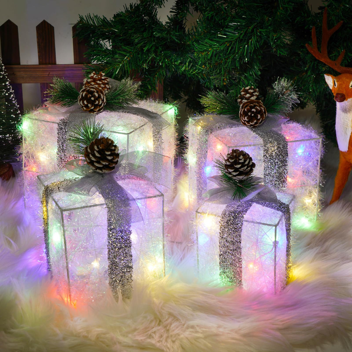 Lighted Christmas Gift Boxes with Gold Linen Holiday Decor