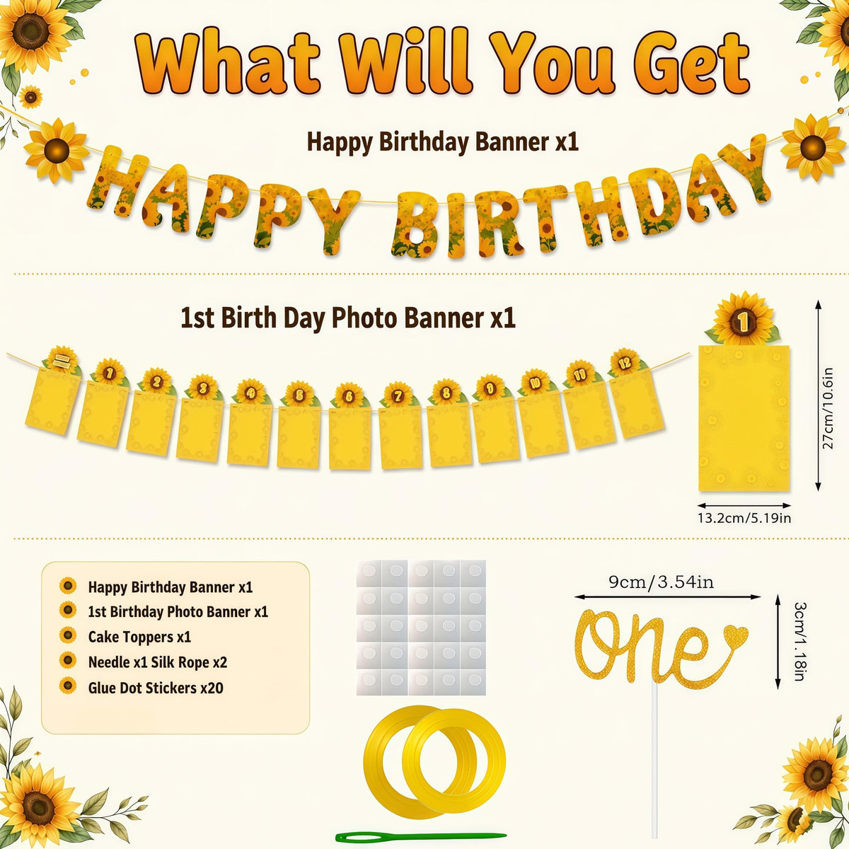 Msvphink Sunflower 1st Birthday Photo Banner Set – 29 pcs, Newborn to 12 Months Milestone Banner, Happy Birthday Banner & Gold "one" Cake Topper, 4x6 5x7 Photos, Baby Boy Girl First Birthday Decorations