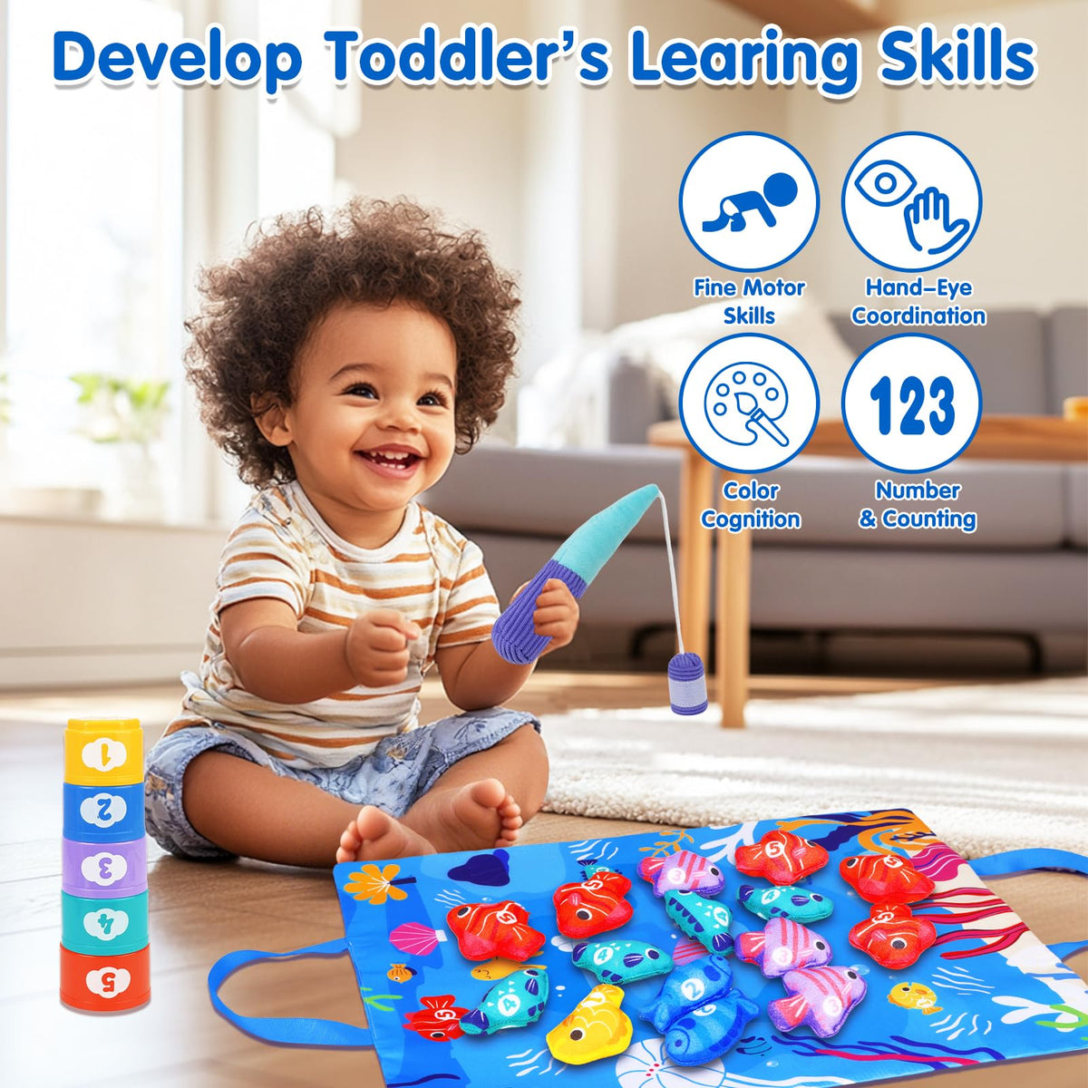 Arovan Montessori Toys for 1 Year Old - 10 in 1 Cloth Toddler Fishing Game with Stacking Cups, Baby Toy 12-18 Months One Year Old Boy Birthday Gift, Toddler Toys for 1 2 Year Old Boy Girl Gifts