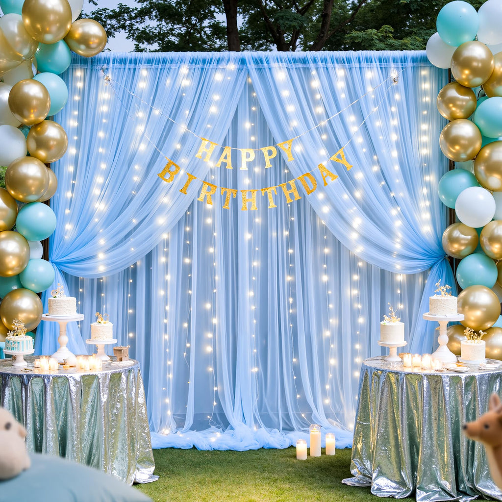 Sheer Tulle Backdrop Curtains with Lights String for Parites Wedding Chiffon Backdrop Curtain for Bridal Shower Baby Shower Birthday Party Photo Shoot Background Wall Decorations