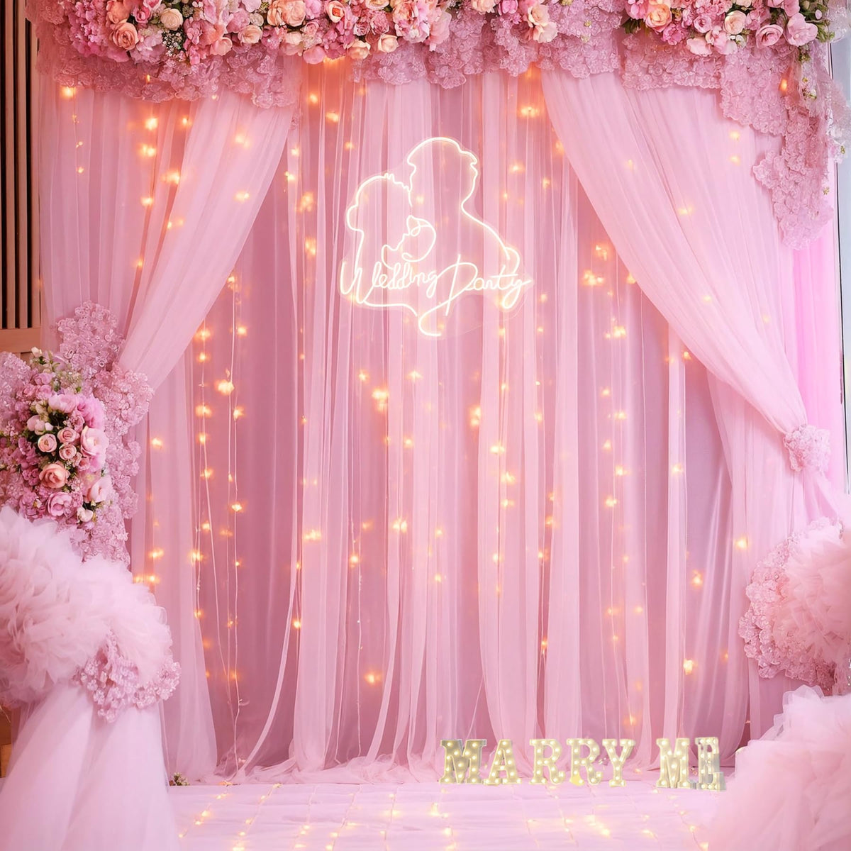 Sheer Tulle Backdrop Curtains with String Lights for Events