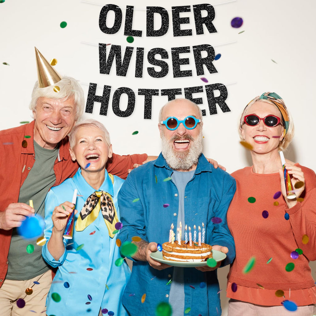 Older Wiser Hotter Banner, Red Glitter Birthday Celebration Decorations, DIY Birthday Banner Backdrop Wall Decor Party Supplies for 30th - 80th