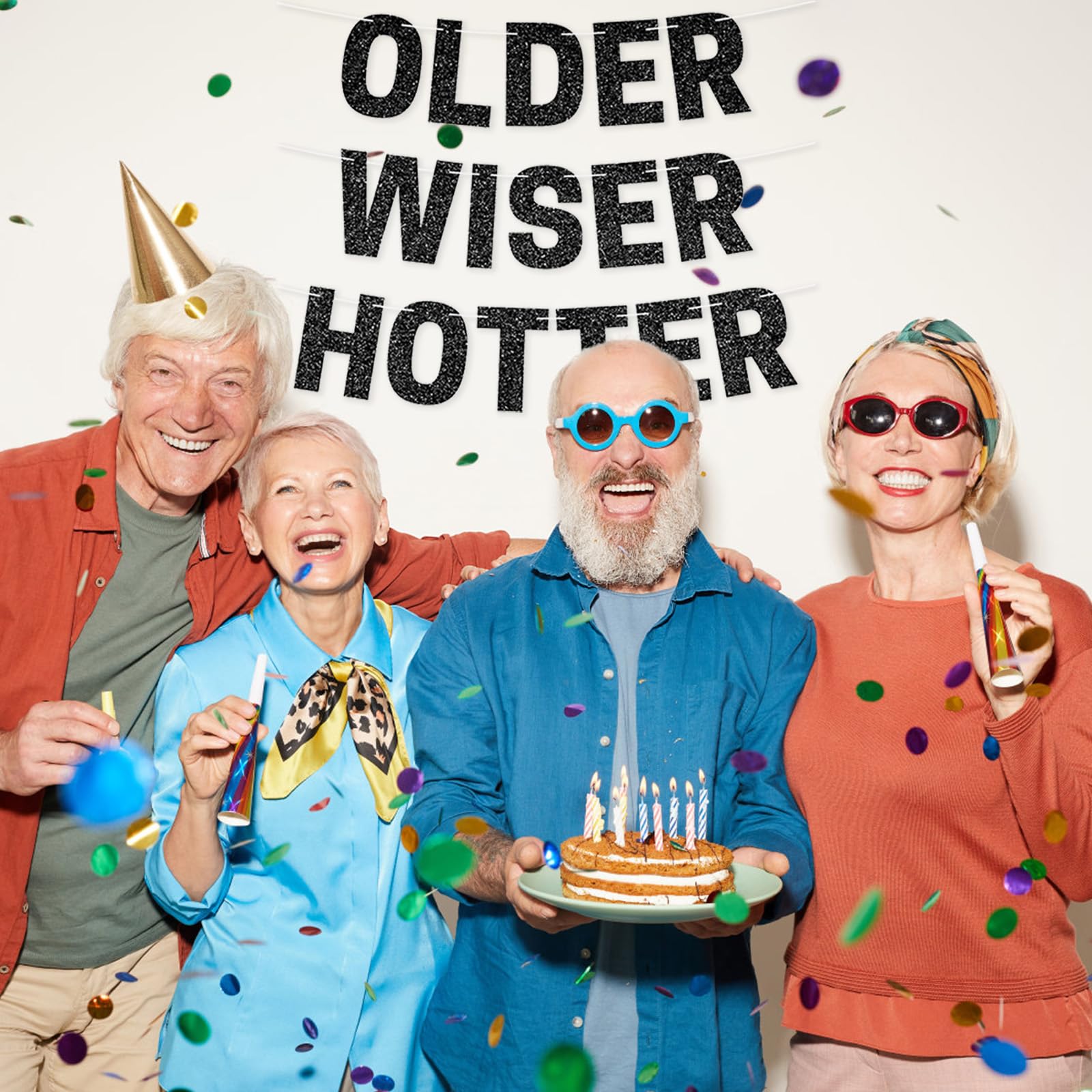 Older Wiser Hotter Banner, Red Glitter Birthday Celebration Decorations, DIY Birthday Banner Backdrop Wall Decor Party Supplies for 30th - 80th