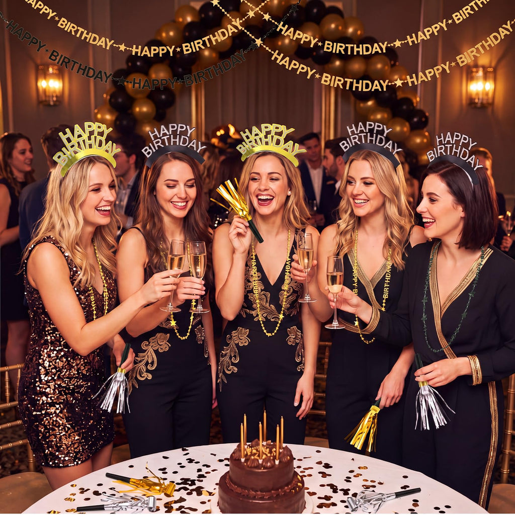 Poen 48 Pcs Black Gold Happy Birthday Party Supplies Kit Photo Booth Props