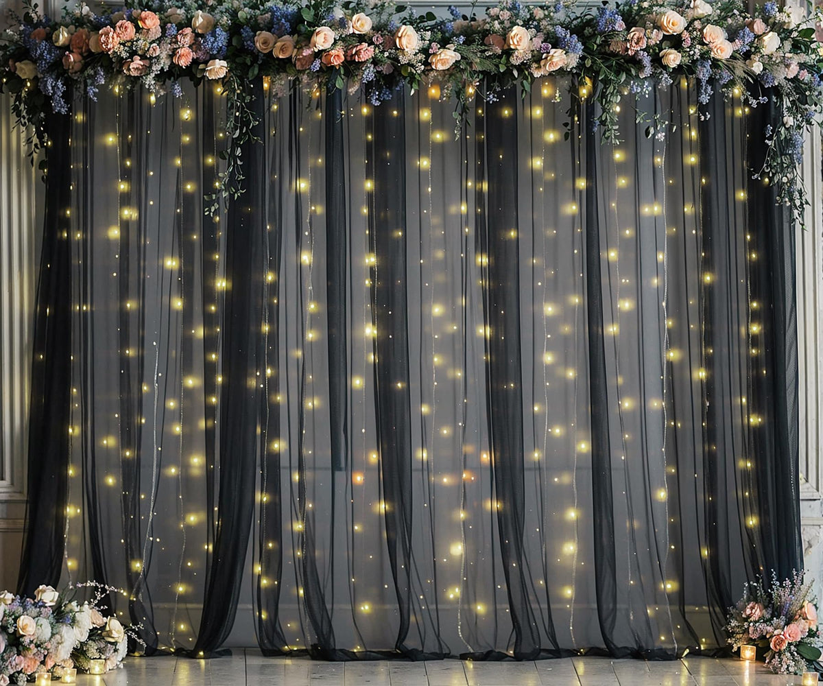 Sheer Tulle Backdrop Curtains with String Lights for Events