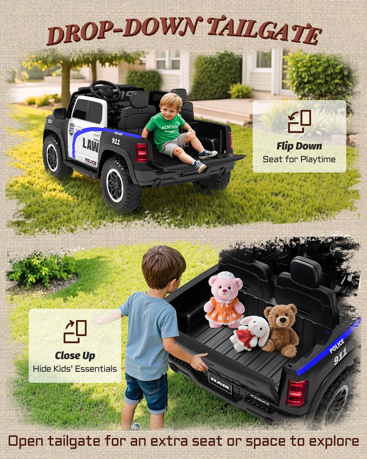 Licensed Ram 1500 RHO 24V Kids Ride on Car, 2-Seater Firetruck and Police Ride on Car with Remote Control, Electric Car for Kids with Siren, Flashing Lights, Bed Storage 180W