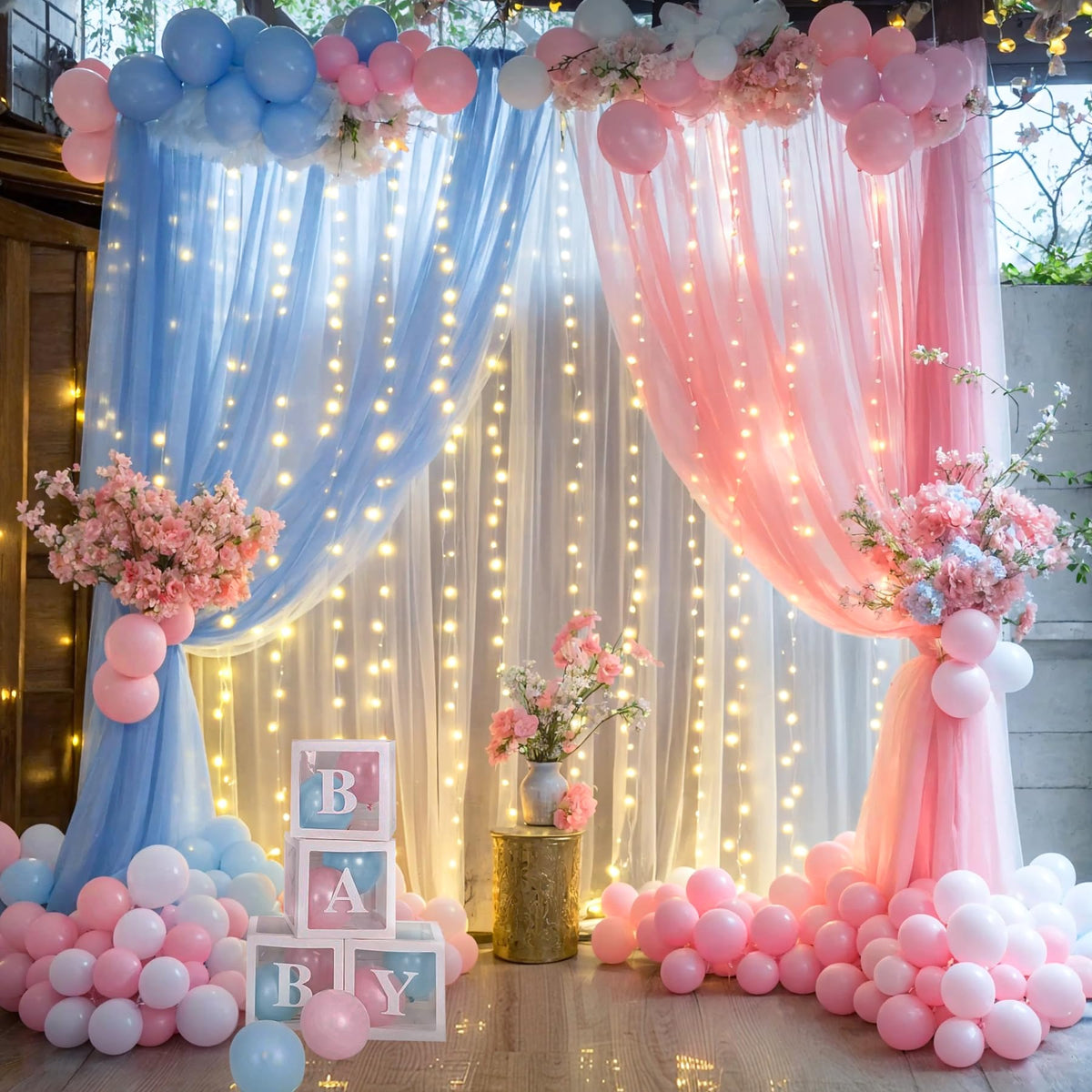 Sheer Tulle Backdrop Curtains with String Lights for Events
