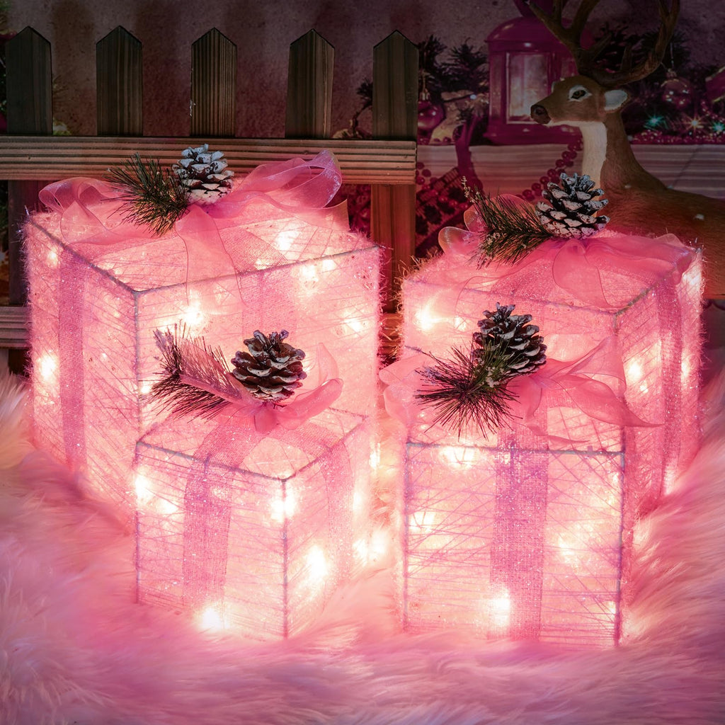 Lighted Christmas Gift Boxes with Gold Linen Holiday Decor