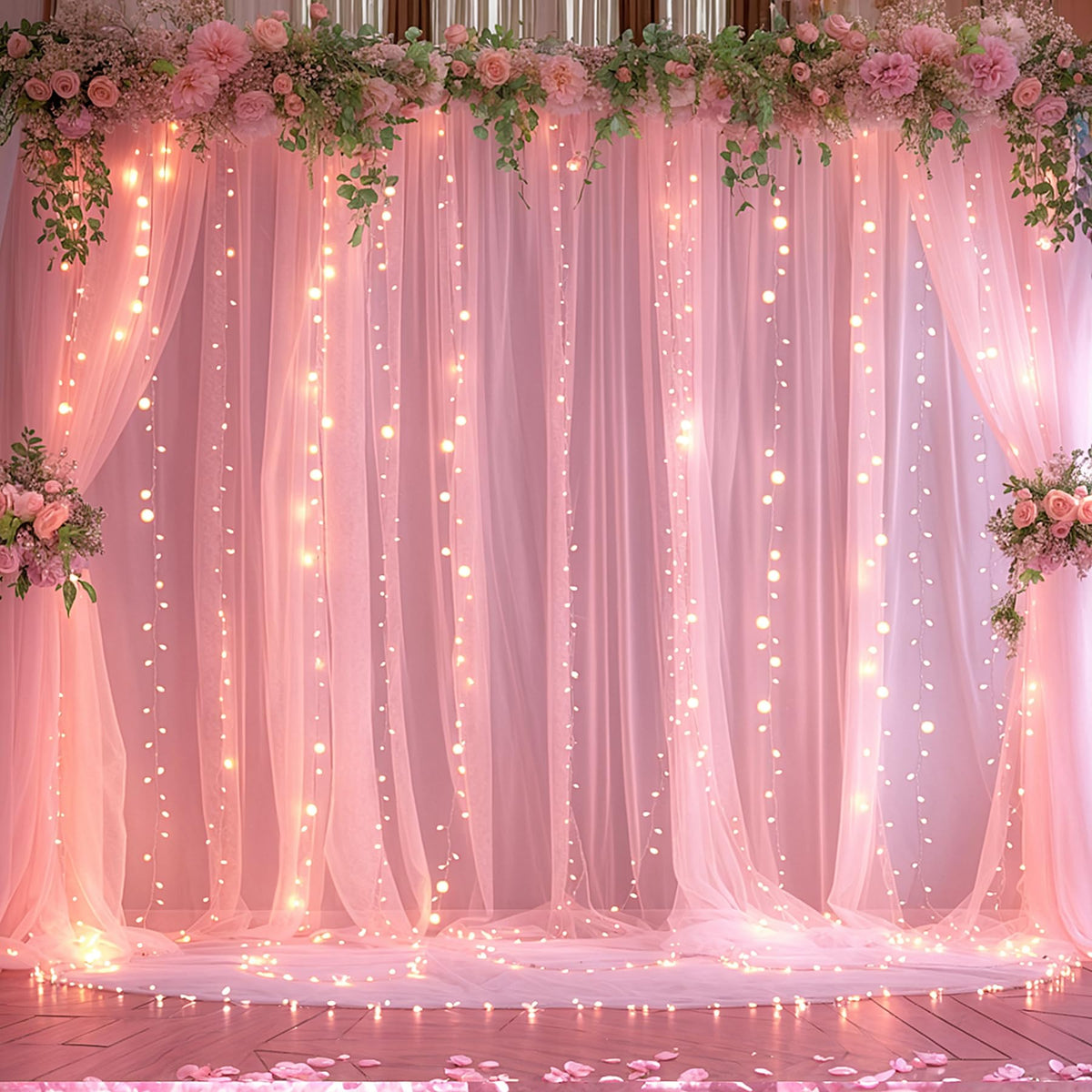 Sheer Tulle Backdrop Curtains with String Lights for Events