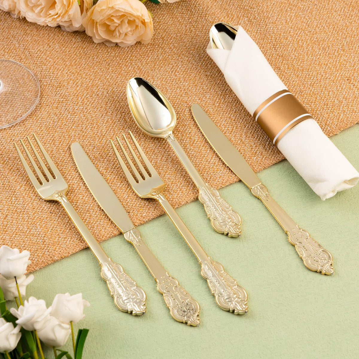 Bestluck Plastic Silverware with Pre Rolled Napkin