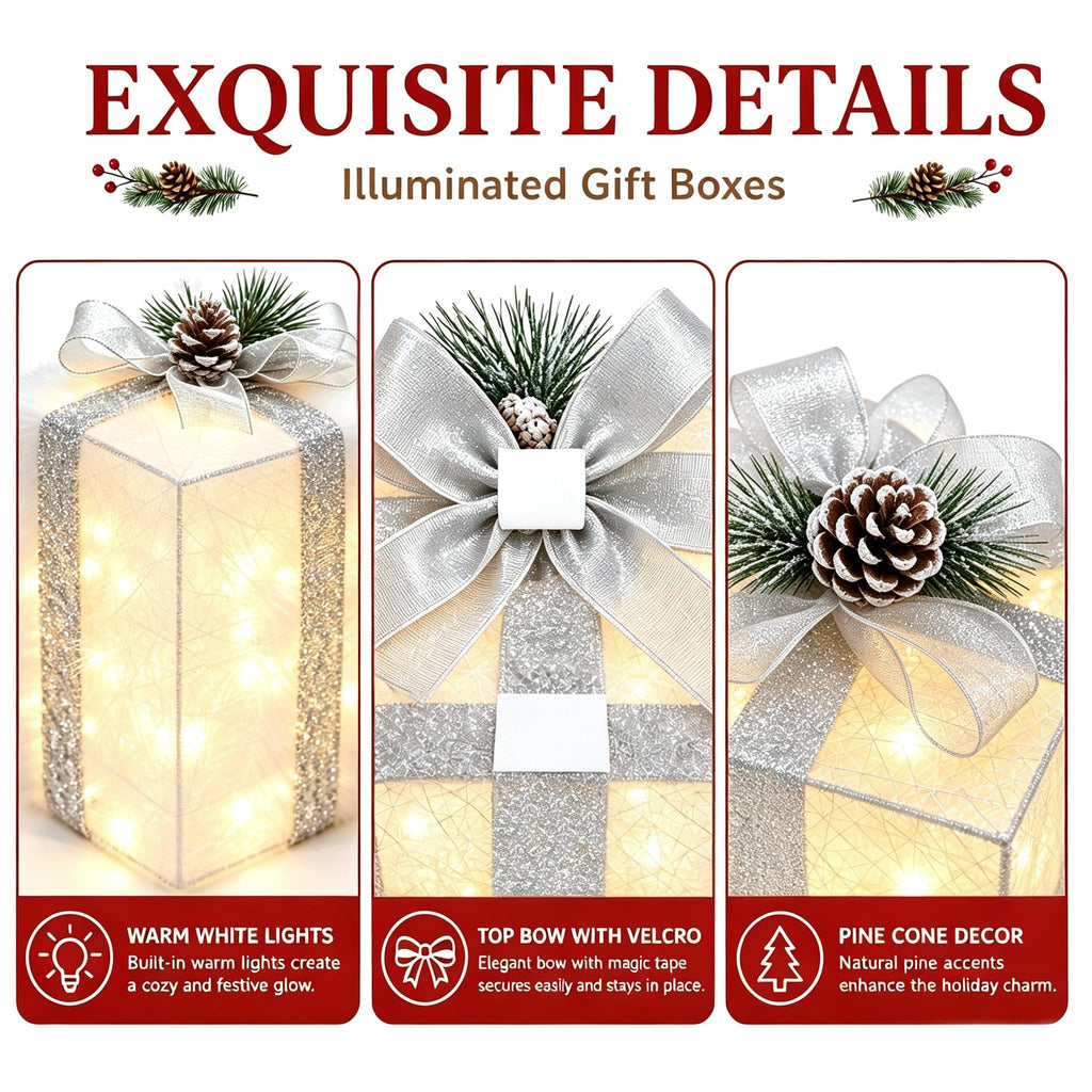 Lighted Christmas Gift Boxes with Gold Linen Holiday Decor