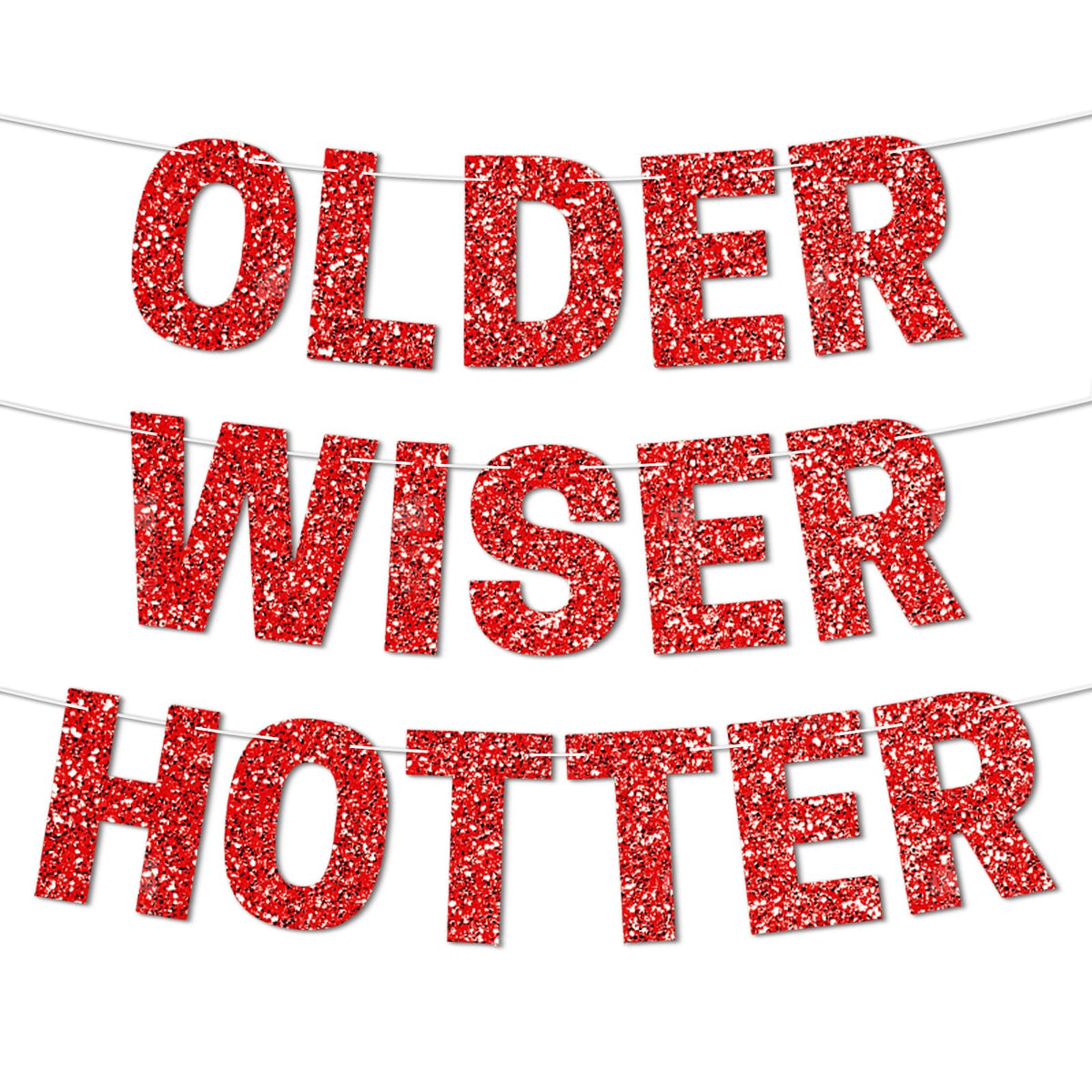 Older Wiser Hotter Red Glitter Milestone Birthday Banner