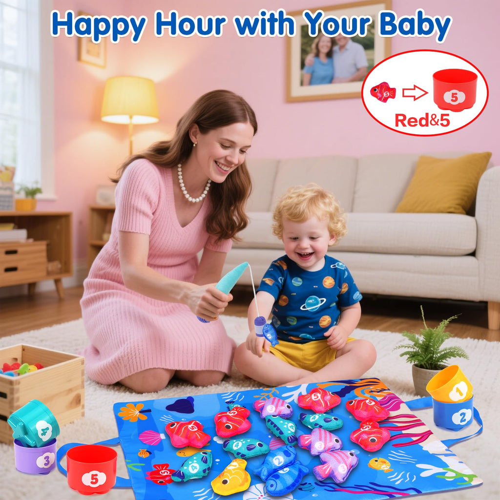 Arovan Montessori Toys for 1 Year Old - 10 in 1 Cloth Toddler Fishing Game with Stacking Cups, Baby Toy 12-18 Months One Year Old Boy Birthday Gift, Toddler Toys for 1 2 Year Old Boy Girl Gifts