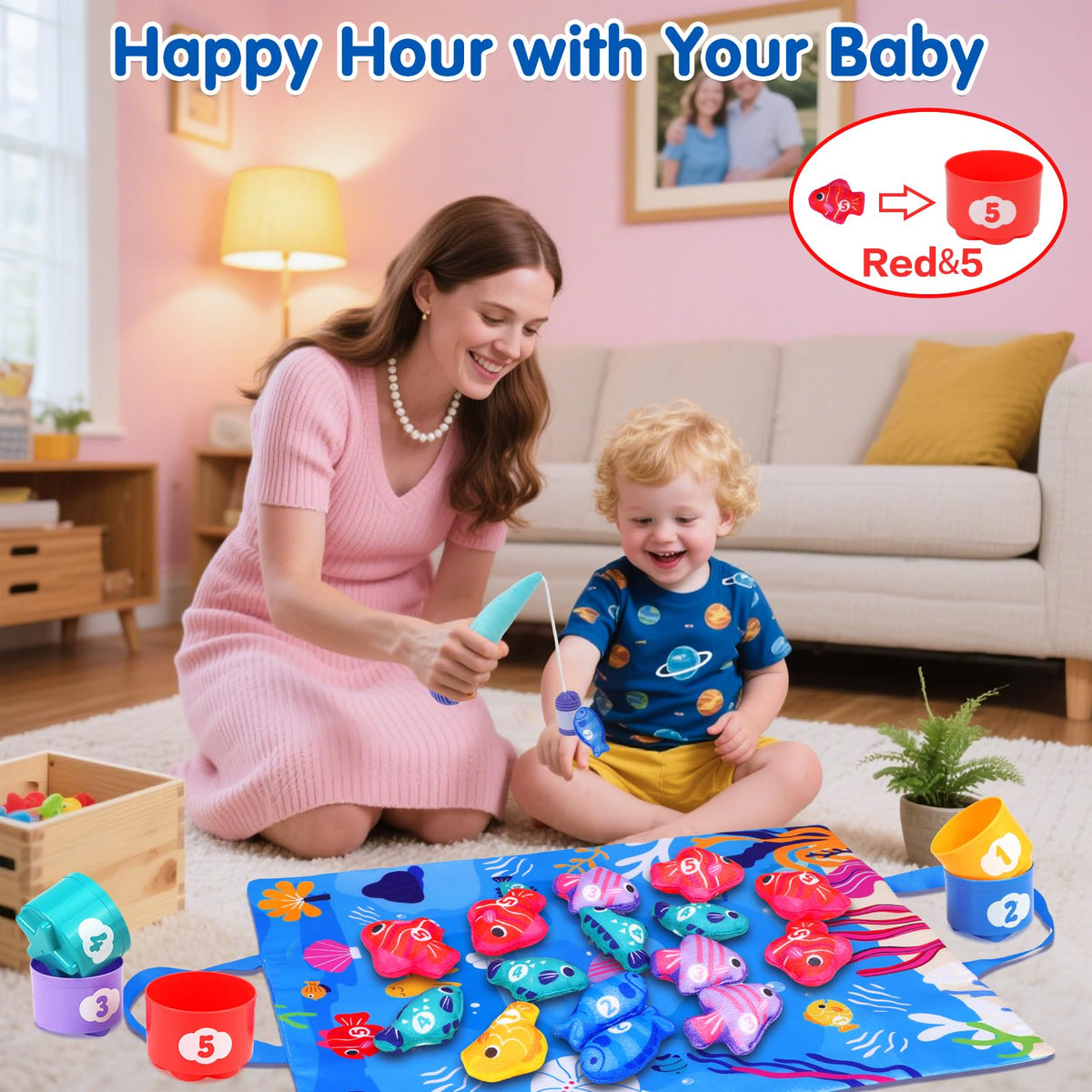 Arovan Montessori Toys for 1 Year Old - 10 in 1 Cloth Toddler Fishing Game with Stacking Cups, Baby Toy 12-18 Months One Year Old Boy Birthday Gift, Toddler Toys for 1 2 Year Old Boy Girl Gifts