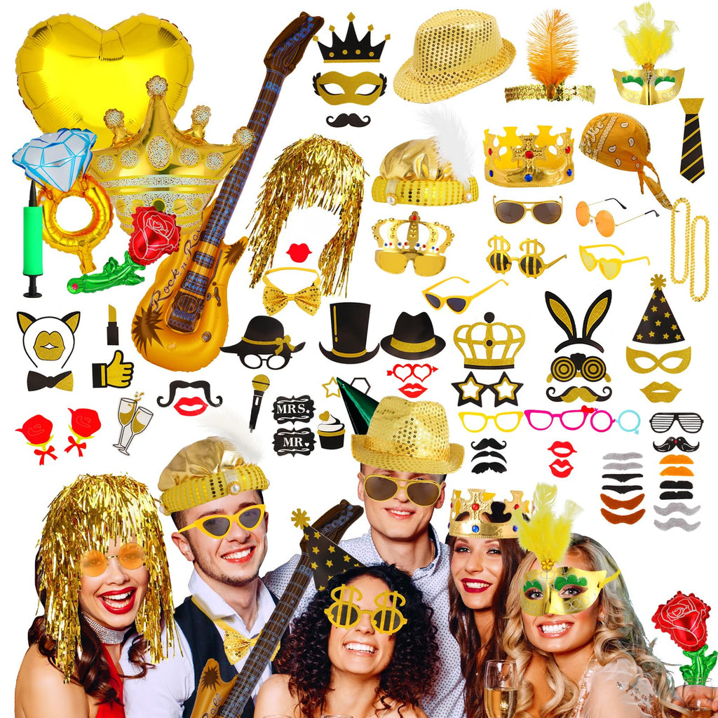 Premium Gold Photo Booth Props Set, Luxury Black & Gold Party Photo Booth Props Kit Accessories, Funny Hats and Glasses, Golden Wig, Inflatable for Graduation, Birthday, Wedding & Bachelorette