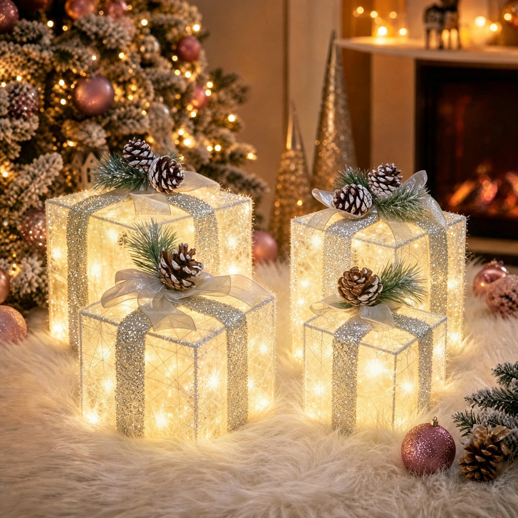 Lighted Christmas Gift Boxes with Gold Linen Holiday Decor