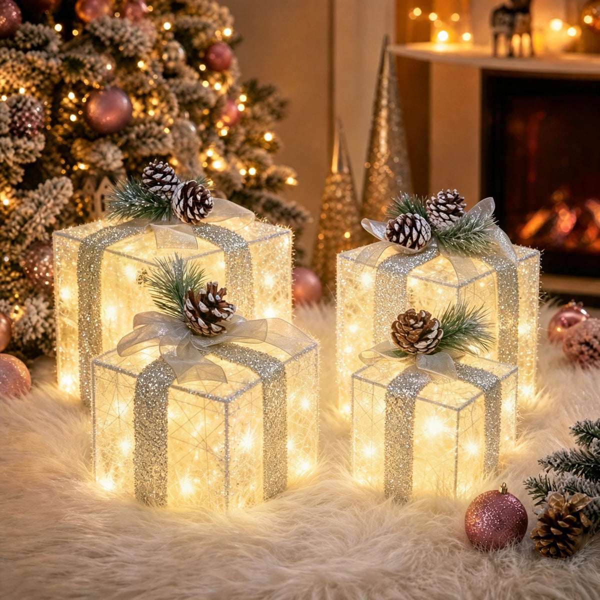 Lighted Christmas Gift Boxes with Gold Linen Holiday Decor