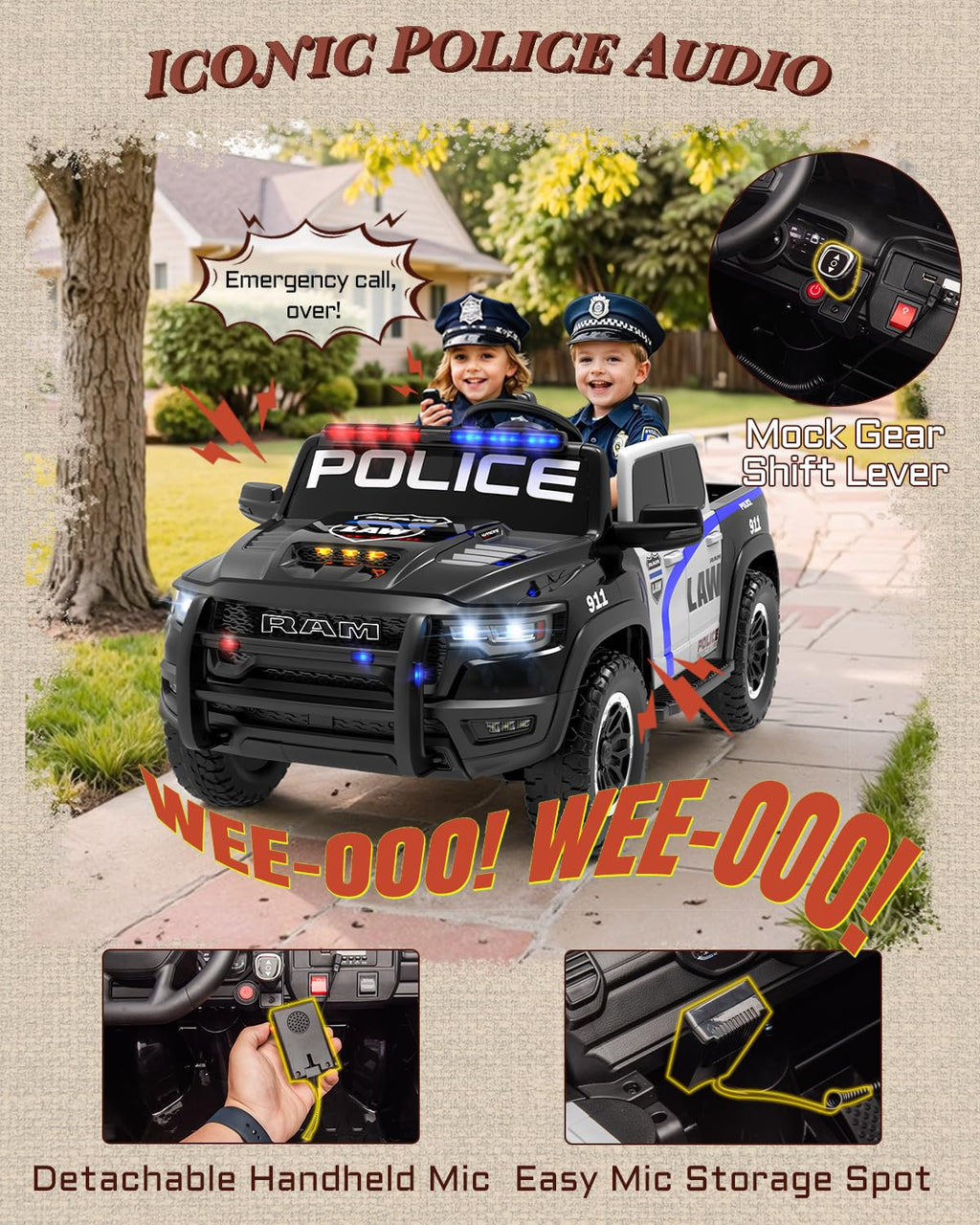 Licensed Ram 1500 RHO 24V Kids Ride on Car, 2-Seater Firetruck and Police Ride on Car with Remote Control, Electric Car for Kids with Siren, Flashing Lights, Bed Storage 180W