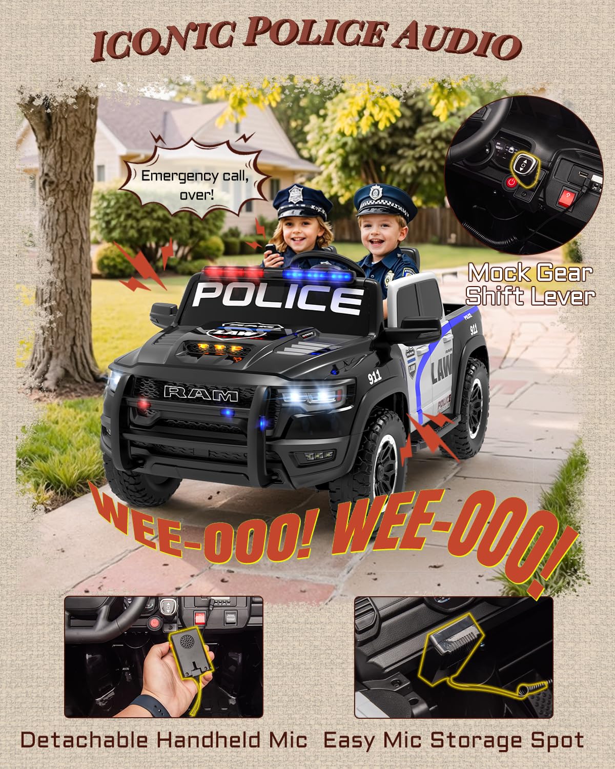 Licensed Ram 1500 RHO 24V Kids Ride on Car, 2-Seater Firetruck and Police Ride on Car with Remote Control, Electric Car for Kids with Siren, Flashing Lights, Bed Storage 180W