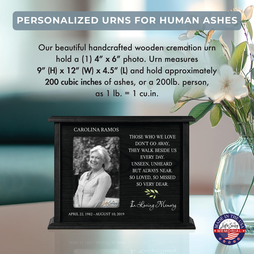 LifeSong Milestones Personalized Engraved Wooden Cremation Urn Box for Adult Human Ashes 4.5x9in Holds 4x6 Photo Picture Frame for Loss of Loved One Those who we love Holds 175cu.in Human Ashes