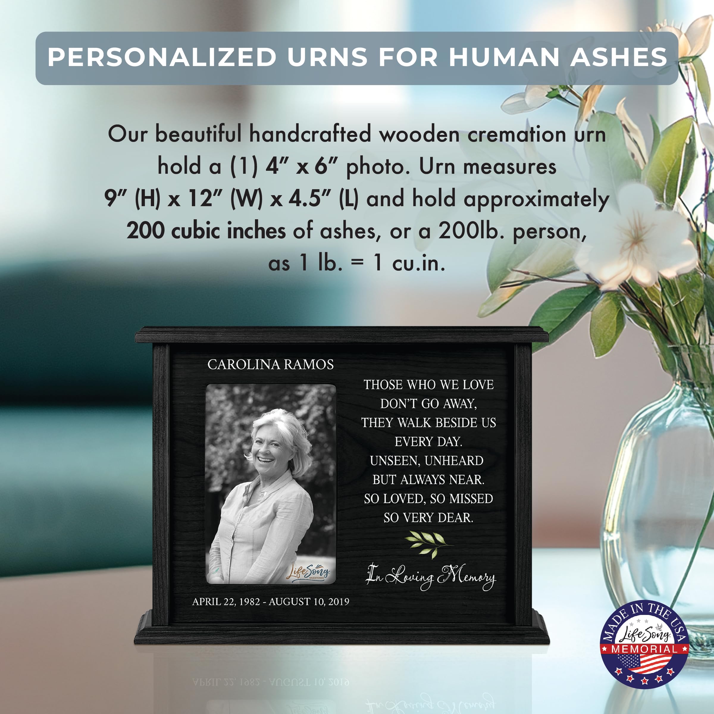 LifeSong Milestones Personalized Engraved Wooden Cremation Urn Box for Adult Human Ashes 4.5x9in Holds 4x6 Photo Picture Frame for Loss of Loved One Those who we love Holds 175cu.in Human Ashes